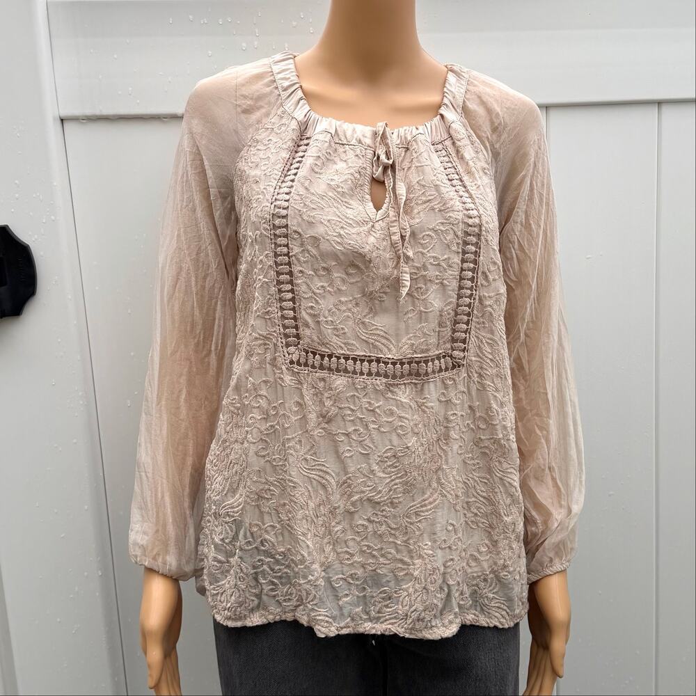 LOLA Italy Romantic Cream Long Sleeve Embroidered Peasant Blouse 100% Silk Small